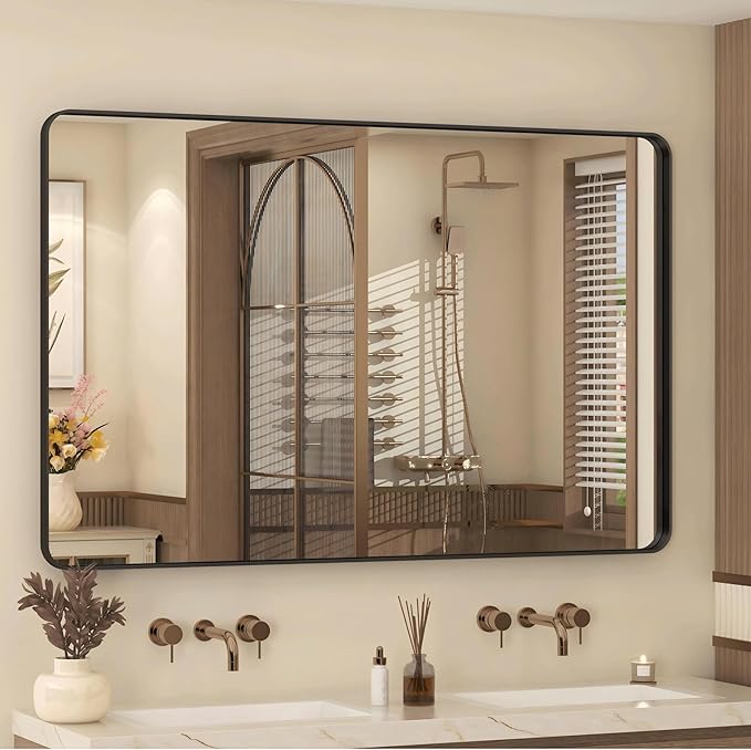 48x30 Inch Black Framed Mirror for Wall, Matte Black Bathroom Rectangle Mirror, Rounded Corner, Anti-Rust, Shatterproof (Horizontal/Vertical)