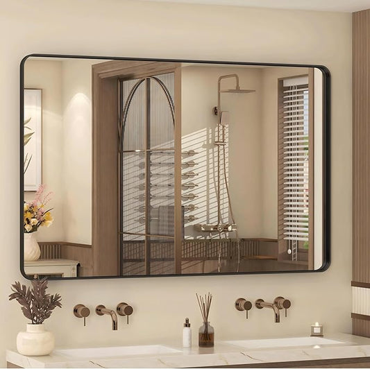 48x30 Inch Black Framed Mirror for Wall, Matte Black Bathroom Rectangle Mirror, Rounded Corner, Anti-Rust, Shatterproof (Horizontal/Vertical)