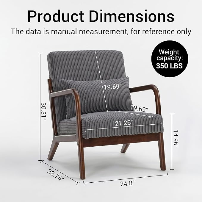Mid Century Modern Accent Chairs Set of 2, Upholstered Corduroy Armchairs with Lumbar Pillows, Solid Rubberwood Frame for Living Room, Bedroom, Waiting Room,Dark Grey