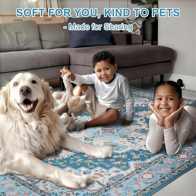 WILLSUN Washable Area Rugs, 5x7 Non-Slip Boho Large Area Rugs for Living Room, Bedroom, Machine Washable Vintage Rug, Indoor Floral Print Carpet for Home Decor, Kid & Pet Friendly Mat