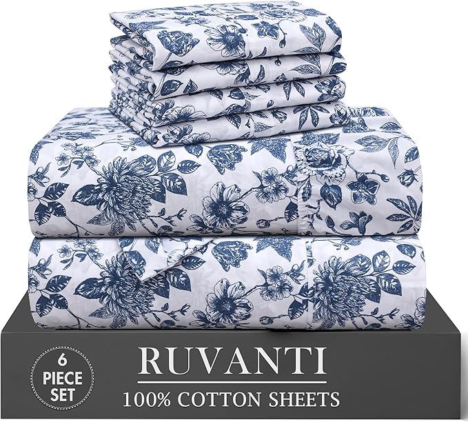 RUVANTI 6 Pcs Cotton Sheets - 100% Natural Cotton Soft, Lightweight & Breathable Crispy Percale Bed Sheets, California King Sheet Sets 14" Deep Pockets, Wild Flower