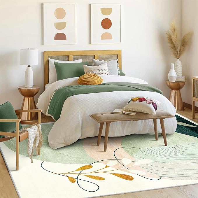 MUJOO Washable 8x10 Area Rugs for Living Room Bedroom Dining Room Large Boho Non Slip Carpet Indoor Mid Century Modern Abstract Botanical Geometric Green