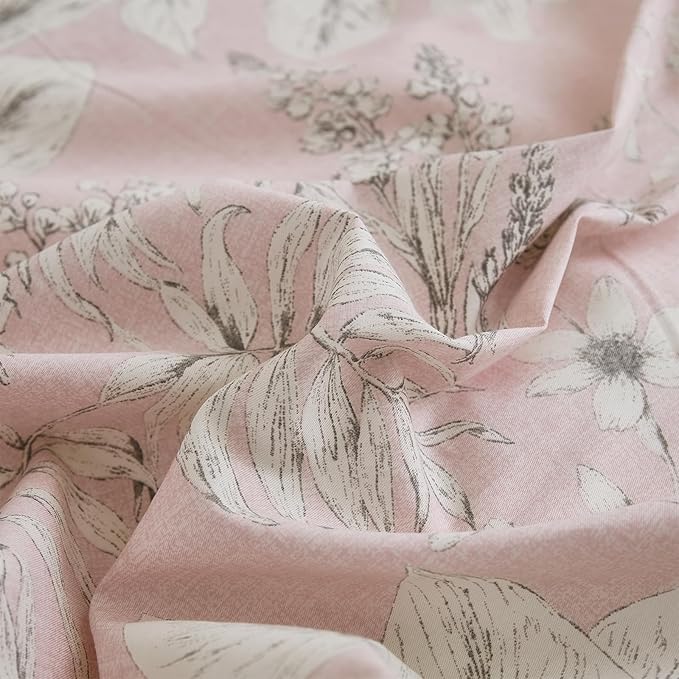 Cozeline Duvet Cover Set Queen Size 100% Nature Cotton Pink Floral Leaf Pattern Duvet Cover Set 3 Pieces Soft & Breathable Bedding Set with Zipper Closure & Corner Ties