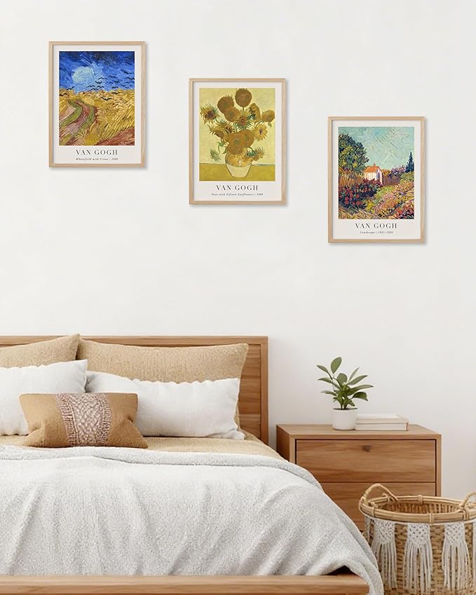 HesenDot Unframed Vincent Van Gogh Wall Art Prints Set of 3, 12x16in Classic Post-Impressionist Posters, Wheatfield and Sunflowers Canvas Print, Vintage Oil Painting Home Decor for Bedroom Living Room, Unframed