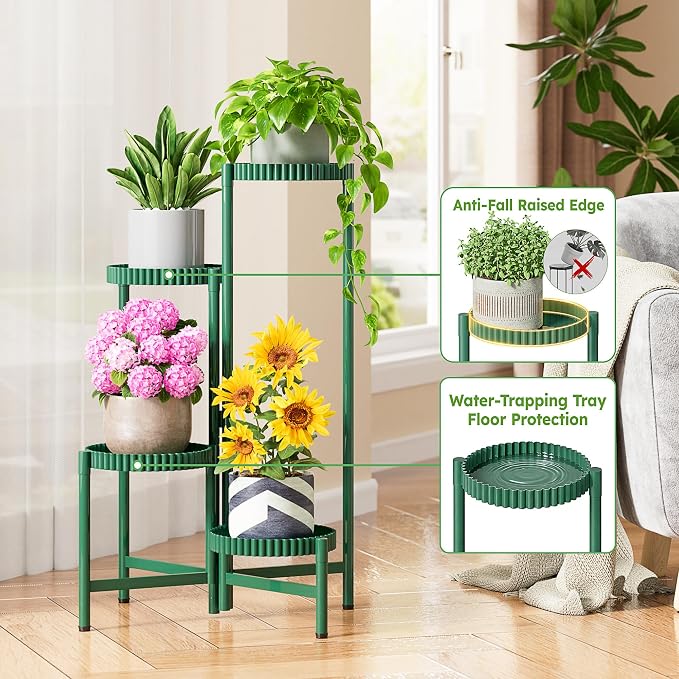 4-Tier Metal Plant Stand Indoor Outdoor, Corner Tall Plant Shelf for Multiple Plants, Foldable Plant Stand, Heavy Duty Flower Stand Holder for House Living Room Balcony Garden Patio -GreenFloroma