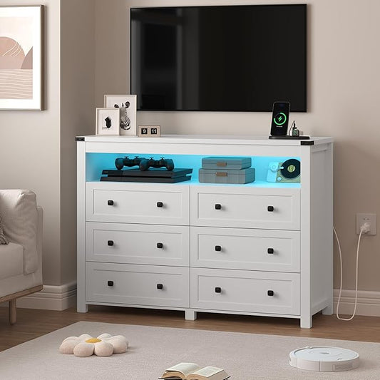 White Dresser 6 Drawer Dressers for Bedroom with LED Lights, Charging Station, Wood Chest of Drawers with Metal Handles, Modern TV Stand Storage Cabinet for Living Room, Hallway, Entryway