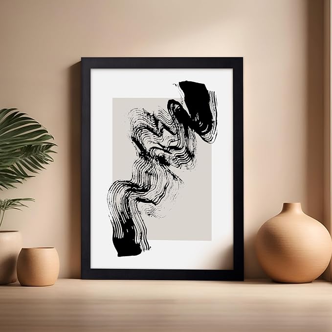 Poster Master Brush Waves Poster - Black Brush Wave Stroke Print - Abstract Design - Drawing Artwork - Mid Century Modern Art - Minimal Design - Living Room or Bedroom Wall Decor - 16x20 Black Framed