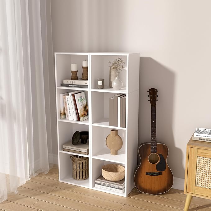 Wooden 4 Cube Storage Organizer, 4 Tier Storage Cubes Storage Display Cubby, 42 Inch Tall Versatile Cubes Shelf and Cubby Organizer for Any Space (White, 4 Cube-W(11.8inch)
