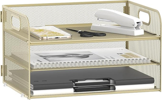 DALTACK 3 Tier Paper Organizer with Handle, Mesh Metal Desk Organizer with Sliding Paper Trays for Letter/A4 Paper, Mail, Bills & Folders, Yellow