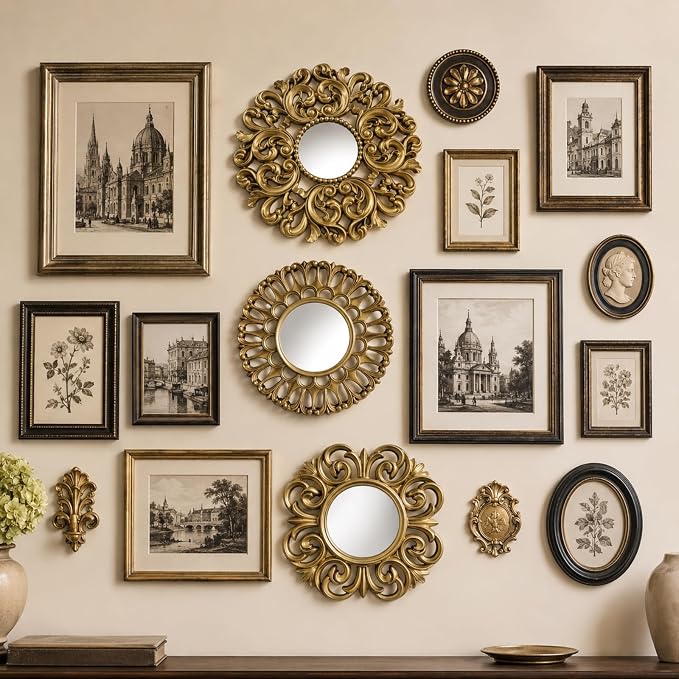 Mifoci Vintage French Wall Mirror Set of 3 Antique Decorative Gallery Wall Mirror Gold Hanging Antique Art Decor Ornate Baroque Style for Living Room Bedroom Home Decor(Round)