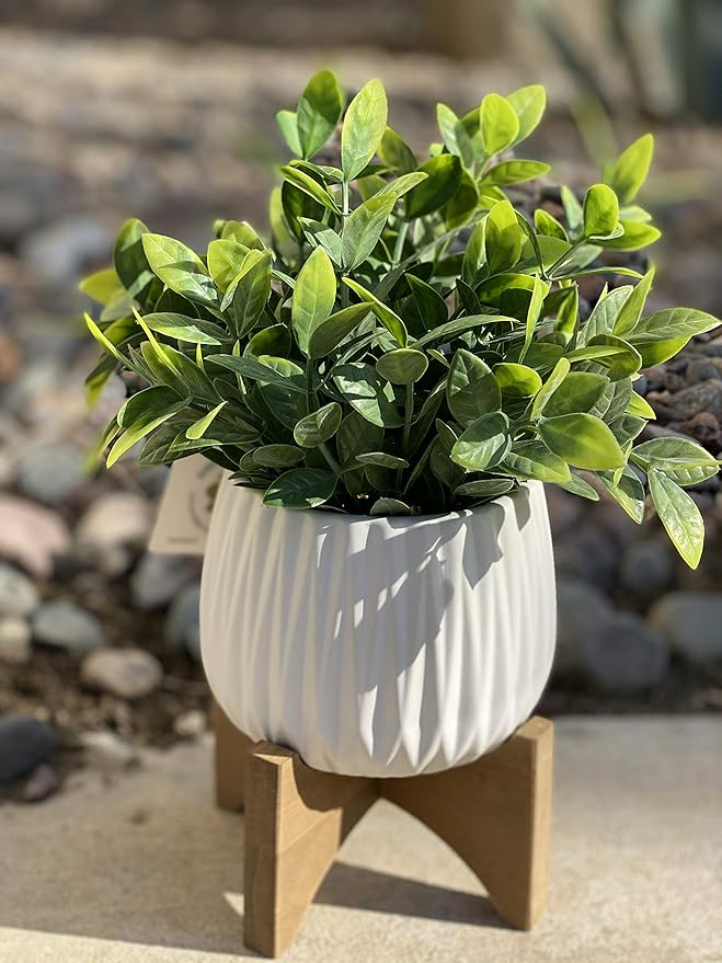 Flora Bunda Artificial Plant Tea Leaf in 5 in Ridge Ceramic Pot on Wood Stand,Matte White