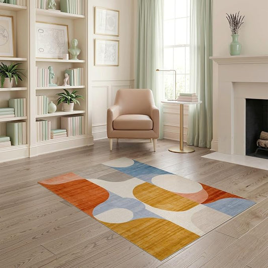 Flatwoven High Traffic Area Rug 4x6, Mid Century Modern Abstract with Fluid Lines and Symmetrical Ovals, Non Slip, Stain Resistant, Washable Area Rugs for Living Room, Bedroom (Orange, 4x6)