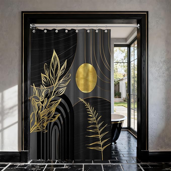 Black and Gold Shower Curtain Boho Mid Century Black and Dark Grey and Gold Shower Curtains for Bathroom Decor, Waterproof Cloth Fabric with Hooks, 48" W x 72" L