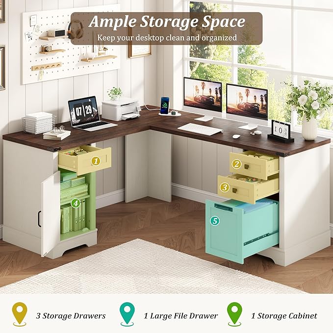 Squireewo 68.9'' Farmhouse L Shaped Desk with Drawers, Wood Executive Home Office Desk with Charging Station, File Drawers and Storage Cabinet, Computer Corner Desk for Work, Study and Writing, White