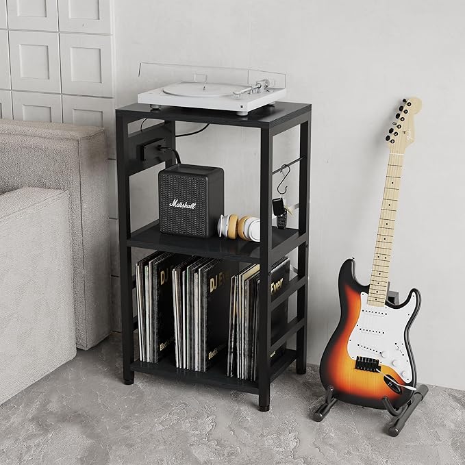 YAKANJ End Table with LED Light,Record Player Stand with Charging Station,Vinyl Records Storage,Turntable Stand Albums Storage for Music Room Studio-Industry Black