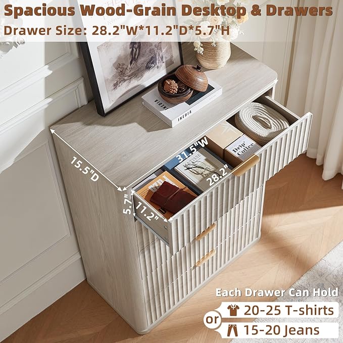 LEYAOYAO Fluted 5 Drawers Dresser Set of 2, 41" Tall Modern Chest of Drawers with Metal Handle, Curved Profile Dresser TV Stand, Wooden Drawer Organizer for Bedroom, Living Room, Hallway, Lightgrey
