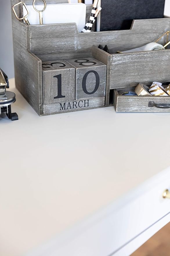 BLU MONACO | Dark Wooden Mail Organizer with Block Calendar | Two-Tier Mail Sorter, Drawer & Accessory Compartment | Desktop Organizer for Home or Women’s Office