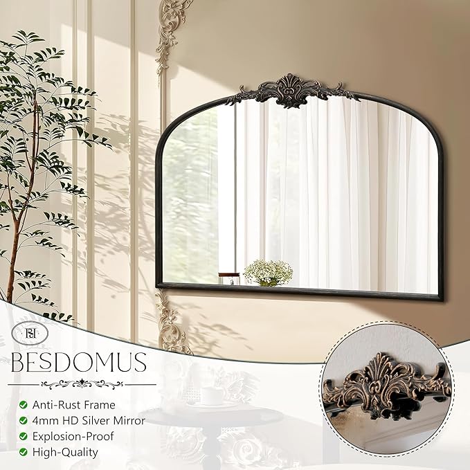 Besdomus Vintage Arched Black Mirror: 32"x24" Large Black Vintage Wall Mounted Mirror - Baroque Traditional Ornate for Living Room/Fireplace/Bathroom- Wall Decor for Interior Designers