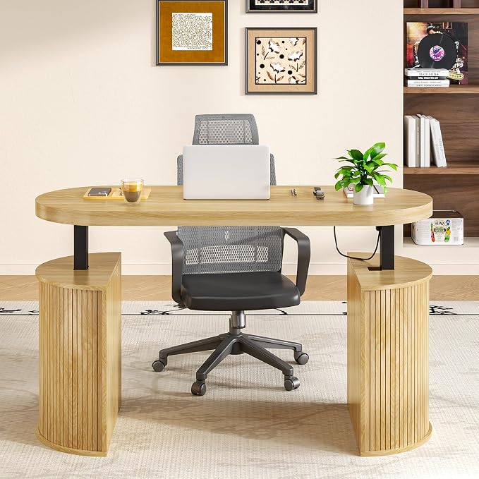 Mid Century Modern Electric Standing Desk with Storage, 55 x 22 Inch Small Sit Stand Up Desk, Wood Adjustable Height Computer Executive Desk for Home Office, Laptop, Oak