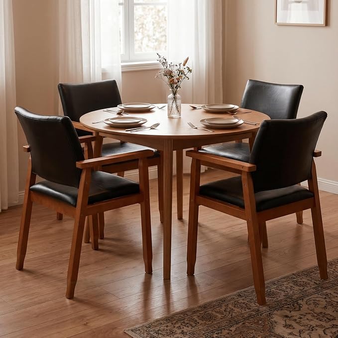 Dining Chairs with Arms Set of 2, Wood Frame Faux Leather Kitchen Chairs, Comfortable Upholstered Accent Chairs for Kitchen, Dining Room,and Living Room(Black)