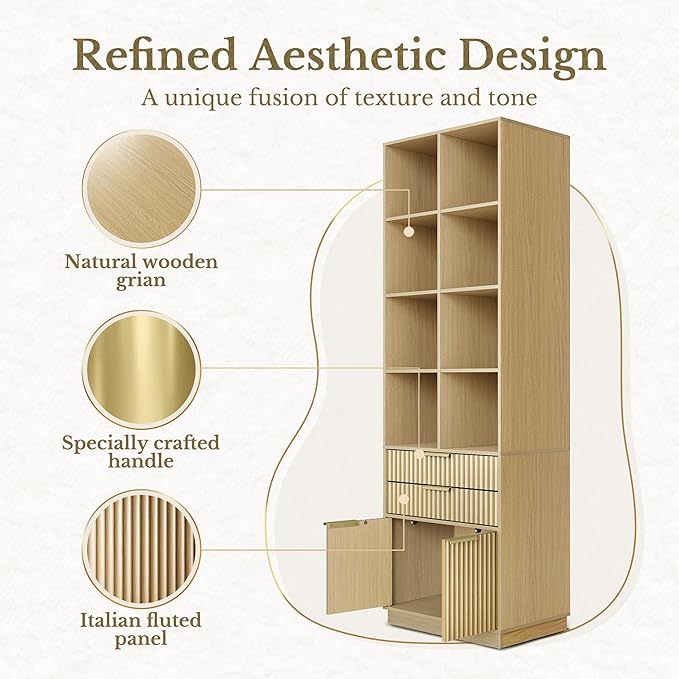 Bookshelf with Drawers, 73 Inches Fluted Tall Bookcase with Doors, Wooden Book Shelf with 4-Tier Storage Shelves for Home Office, Light Walnut
