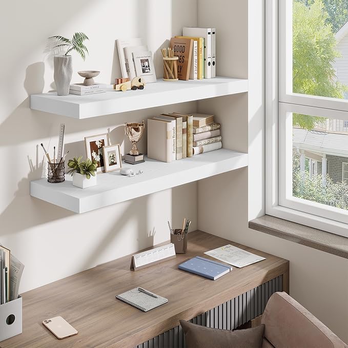 Fun Memories Floating Shelves for Wall, 40 Inch Floating Shelf for Home Decor, Wall Mounted Rustic Wood Shelves 12 Inch Deep, Hanging Deep Shelf for Bedroom, Living Room, Kitchen, White, Set of 2