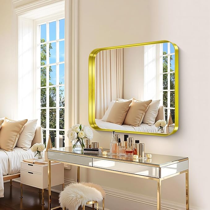 CIRCUMI Gold Bathroom Mirror, 30"x30" Rectangular Mirror with Deep Metal Frame, Rounded Corner, Tempered Glass, Square Mirror for Wall, Oversink, Bedroom, Living Room, Vanity, Entryway, Crystal-Clear