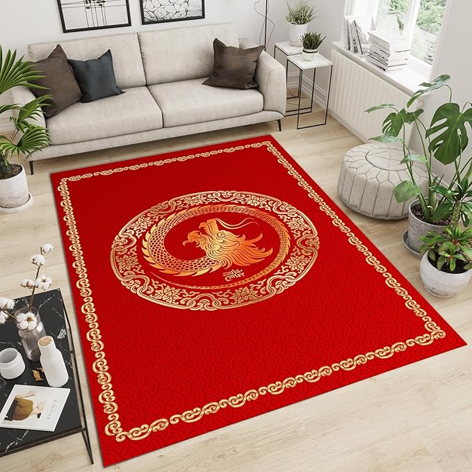 New Year Christmas Red Art Area Rug, Classic Chinese Luxury Golden Dragon Rug, Soft Foldable Non Slip Breathable Foldable Carpets for Living Room Bedroom Entryway Hotel Office Kitchen 2x3ft