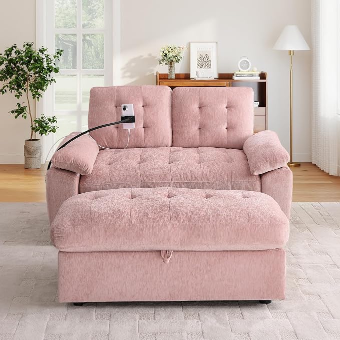 Oversized Chaise Lounge Chair Indoor with Ottoman&Adjustable Backrest,Chenille Tufted Recliner Comfy Loveseat Sofa Chair with USB&Phone Holder,Convertible Sleeper Couch Bed for Living Room(56"W,Pink)