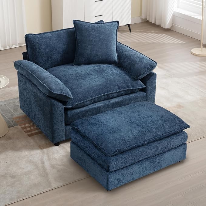 Modern Oversized Chair, Comfy Accent Chair Large Upholstered Armchair with Extra Thick and Deep Seat Lounge Chair for Living Room,Bedroom,Apartment, Chenille Blue