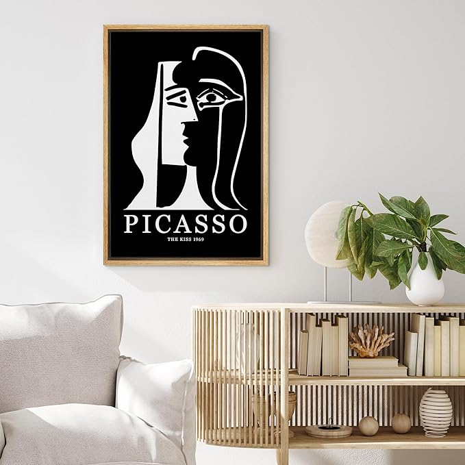 MUDECOR Framed Canvas Print Wall Art Picasso Black & White Geometric Kiss Portrait Shapes Abstract Illustrations Modern Art Minimal Dramatic Dark for Living Room, Bedroom, Office - 24"x36" Natural