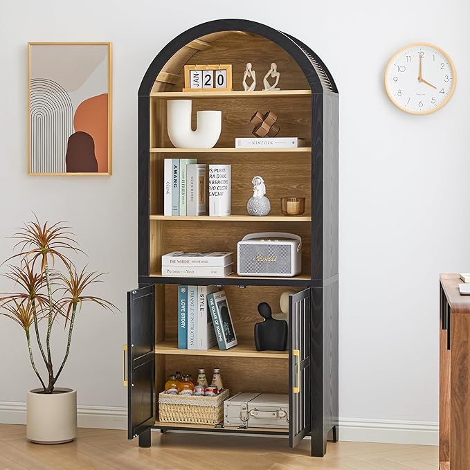 71" Tall Arched Bookcase, Arch Bookshelf with Doors , Modern Book Shelf Storage Cabinet with Adjustable Shelves, Wood Bookshelf w/Open Display for Living Room, Office Decor (Black/Natural, 2PC)