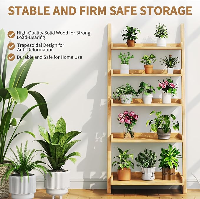 Uniclinens Natural Wooden Ladder Shelf, 5-Tier Leaning Bookshelf, Ladder Bookshelf for Compact Spaces, Leaning Bookcase for Living Room, Bedroom, Home Office