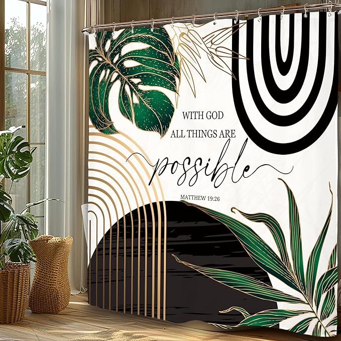 Miyotaa Emerald Green Abstract Shower Curtain Set 71Wx71H Inches Bible Minimalist Aesthetic Modern Contemporary Inspirational Motivational Polyester Waterproof Bathroom Curtain with 12 Hooks
