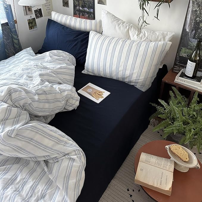 mixinni Vintage Blue & White Striped Duvet Cover Set - 3 Piece 100% Washed Cotton King Size Bedding | Minimalist Relaxed Style | Ultra Soft Breathable, with Zipper Closure & Corner Ties-King Size