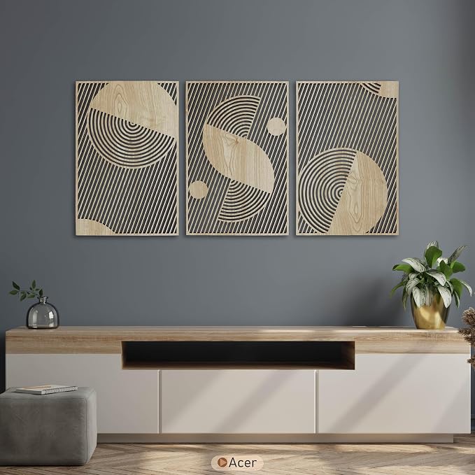 Mid Century Modern Wood Wall Art, Extra Large Geometric Boho Wooden Decor, Abstract Diagonal Circle Panels, Designer Housewarming Gift for Living Room and Bedroom