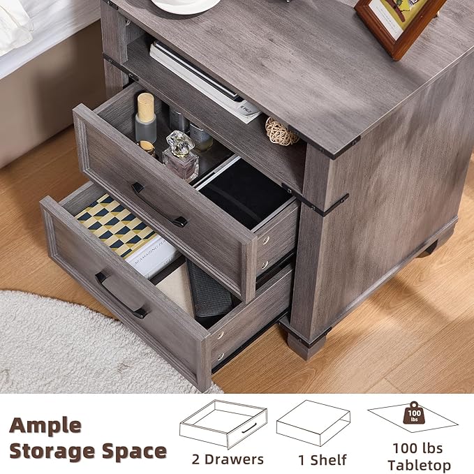 22" Nightstand, 2PCS Farmhouse Nightstand with 2 Drawers,Industrial Bedside Table with Open Shelf for Bedroom Living Room,Office Bed Side Tables Couch End Table,Grey
