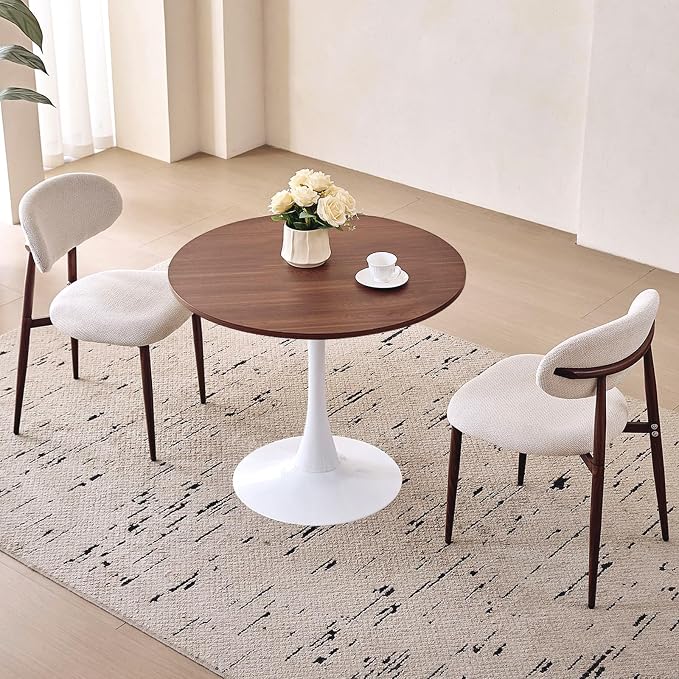 31.5" Round Dining Table for 2-4 Modern Circle Tulip Table with Metal White Tulip Pedestal Base for Kitchen Dining Living Room Apartment Small Space Cafe, Brown