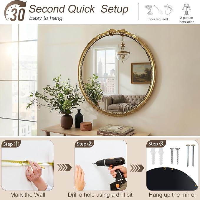 Round Gold Mirror - Modern Wall Mounted Mirror with a Bow Design: 28"x28" Large Matt Gold Antique Wall Decor - Elegant Clean Ornate for Entryway/Fireplace/Bathroom/Hallway