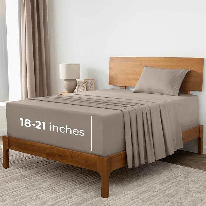 Mellanni Extra Deep Twin XL Sheets - 3 PC Iconic Collection Bedding - Hotel Luxury, Ultra Soft, Cooling Bed Sheets - Wrinkle, Fade, Stain Resistant (Twin Extra Long, Tan)
