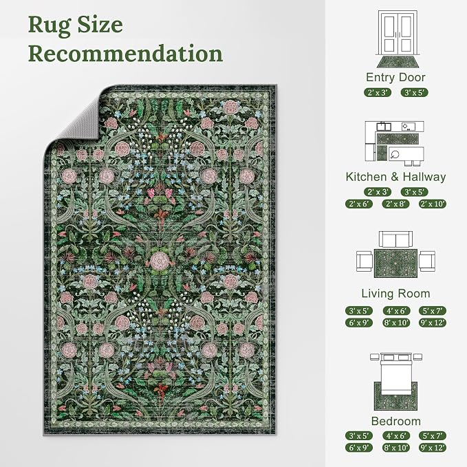AMTOVO 6x9 Washable Area Rugs for Living Room, Non-Slip Large Soft Boho Floral Vintage Accent Print Carpet for Bedroom Dorm Nursery Room Dining Room Farmhouse Home Office, Dark Green