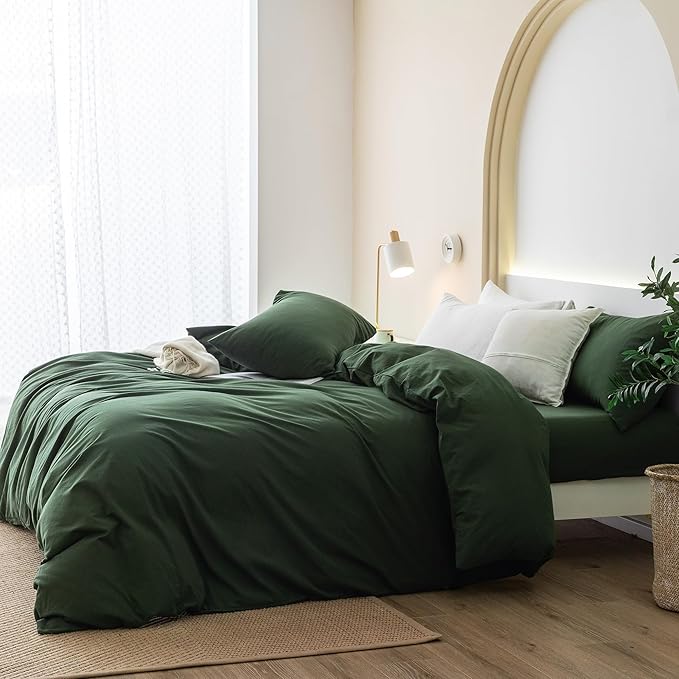 JIYUAN 100% Washed Cotton Duvet Cover Set 2 Pieces Twin, 1 Duvet Cover 68x90 Inches(Comforter Not Included) and 1 Pillowcases,Linen Feel Bedding Set Comfy and Breathable,Forest Green