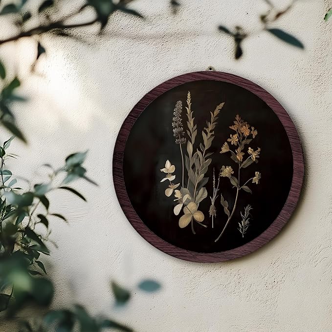 TFKFJLF Moody Vintage Botanical Framed Wall Art Decor, Antique Mid Century Modern Floral Round Wooden Prints Wall Art, Flower Hanging Decor for Bedroom Living Room Bathroom, 10x10 inch