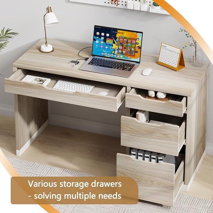 MaverickFurni Small Desk with Drawers, 52 Inch Home Office Desk with Storage for Bedroom, Computer Desk with Filing Drawer for Small Space, Light Walnut