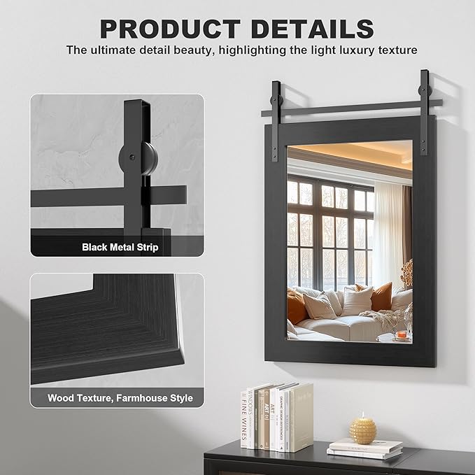 Hasipu Farmhouse Bathroom Mirror, 22"x30" Rustic Wood Framed Wall Mounted Mirror, Black Vintage Vanity Mirror Barn Door Style Decrative Mirrors
