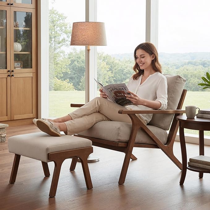 HNY Mid Century Modern Accent Chair with Ottoman, Farmhouse Linen Upholstered Living Room Armchair and Ottoman Set, 23" Seat Wide Retro Leisure Lounge Chair with Wood Frame for Home, Bedroom, Beige