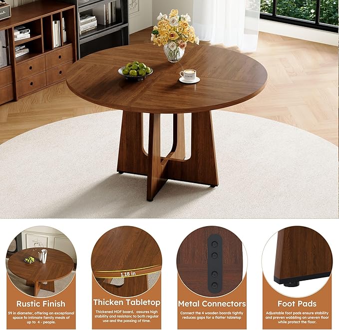 47" Round Dining Table Set for 4, Walnut Wood Grain Table and 4 Dark Gray Linen Upholstered Chairs Set, Mid Century Modern Kitchen Table Set with Cross Legs