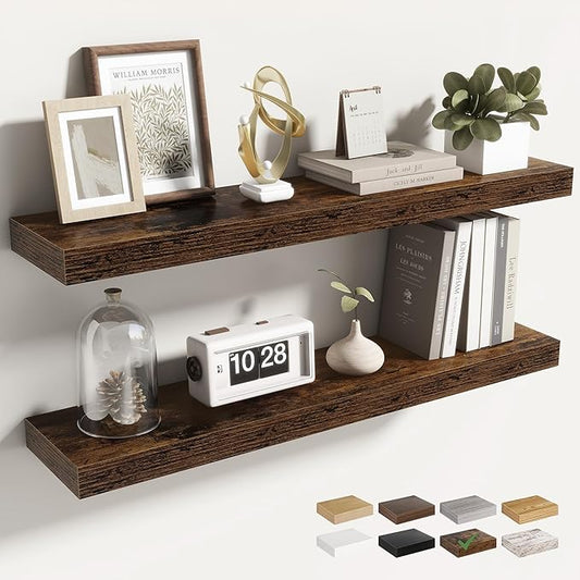 30 Inch Floating Shelves for Wall 2 Pack, 30" Wall Shelves for Books, Storage, Decor, Wall Mounted Floating Shelf with Invisible Brackets for Kitchen, Living Room, Brown