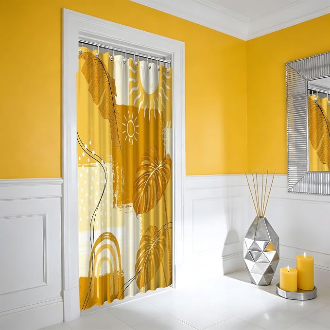 Small Stall Shower Curtain Rv Mustard Yellow Boho, 48 x 72 Inchs | for Camper Stand Up Shower, Modern Pattern Design, Narrow Bathroom Decor Sets Waterproof Cloth Fabric, with Hooks