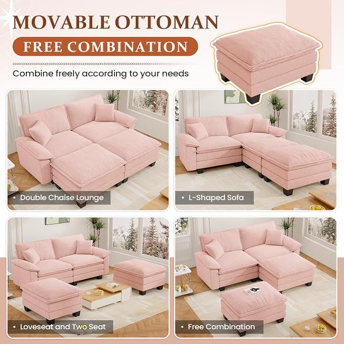 Modular Sectional Sofa Cloud Couch, Comfy Corduroy Loveseat with Ottoman Upholstered Deep Seat Sleeper Sofa Bed 2 Seater Couch Oversized Chaise Lounge Chair Indoor for Living Room Bedroom, Pink